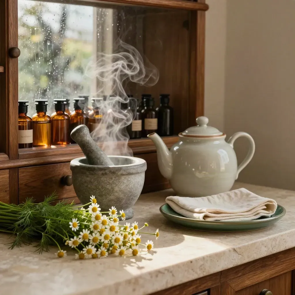 Kruidenatelier met mortier, theepot, kamille, venkel en amberkleurige flessen in warm regenlicht