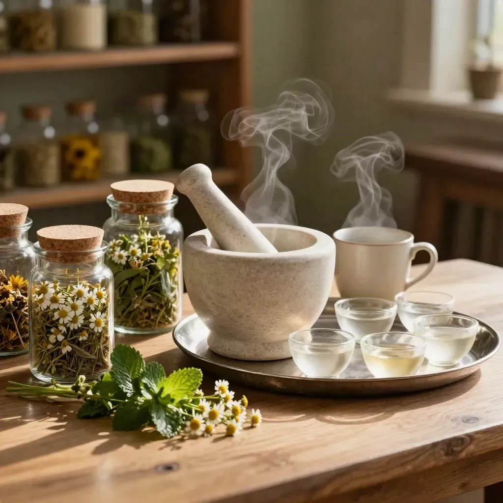 Kruidenconsult met dampende theekop, kruidenpotten en mortier op een rustige praktijktafel