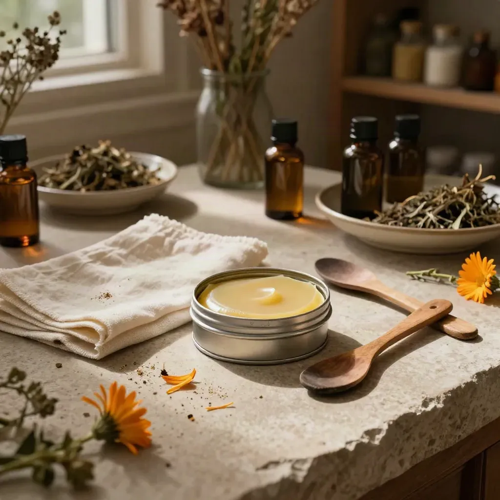 Open zalfblik, beeswax-balsem en kruiden op pale steen in een apotheekachtige ruimte.