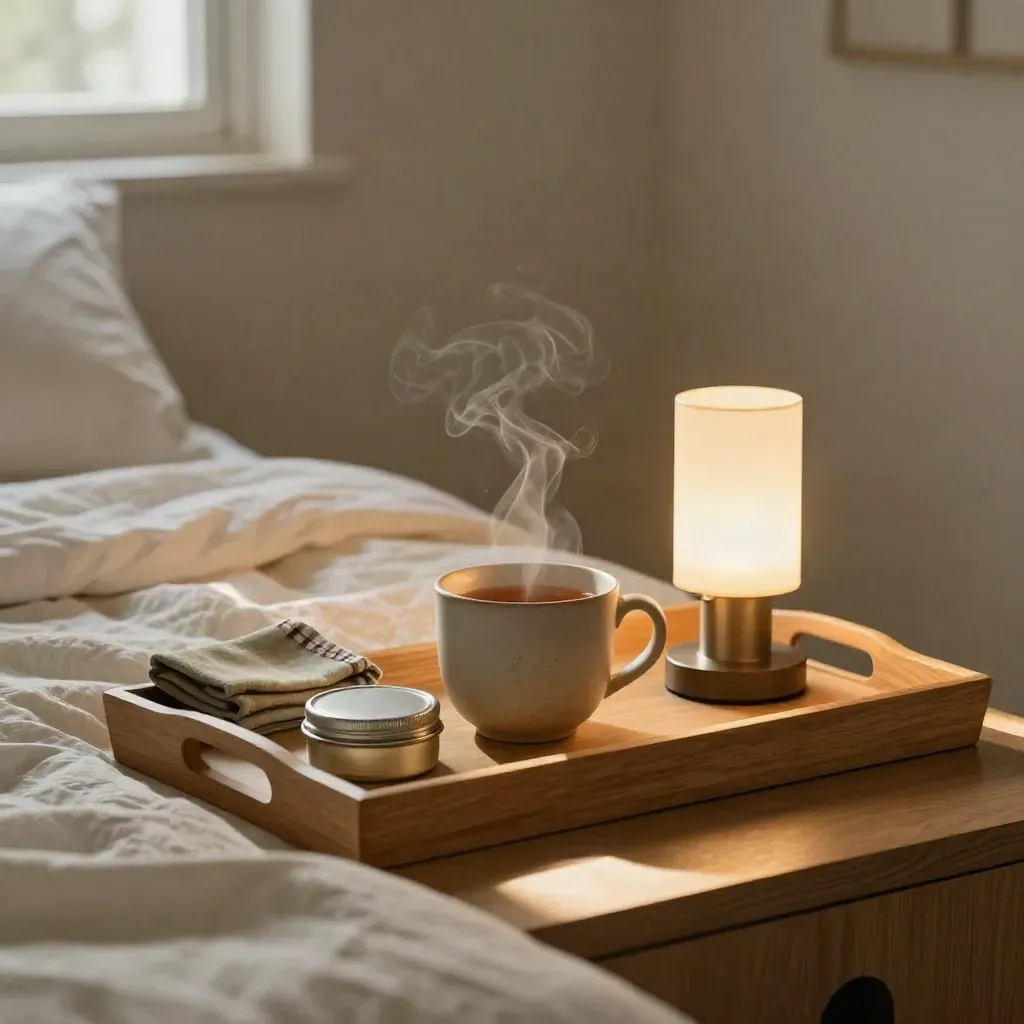 Nachtkastje met dampende kruidenthee, zalfblik en brandende lamp in warme avondsfeer.