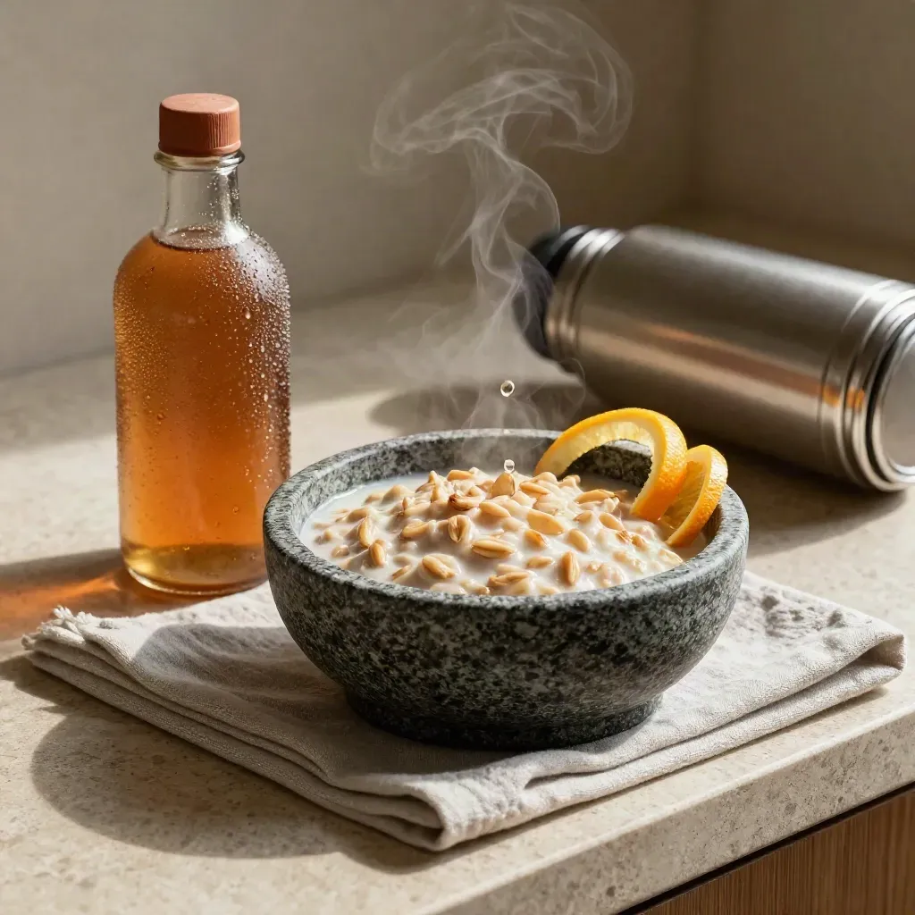 Ontbijthoek met tinctuurfles, havermout, citrusschil en thermos in warm ochtendlicht.