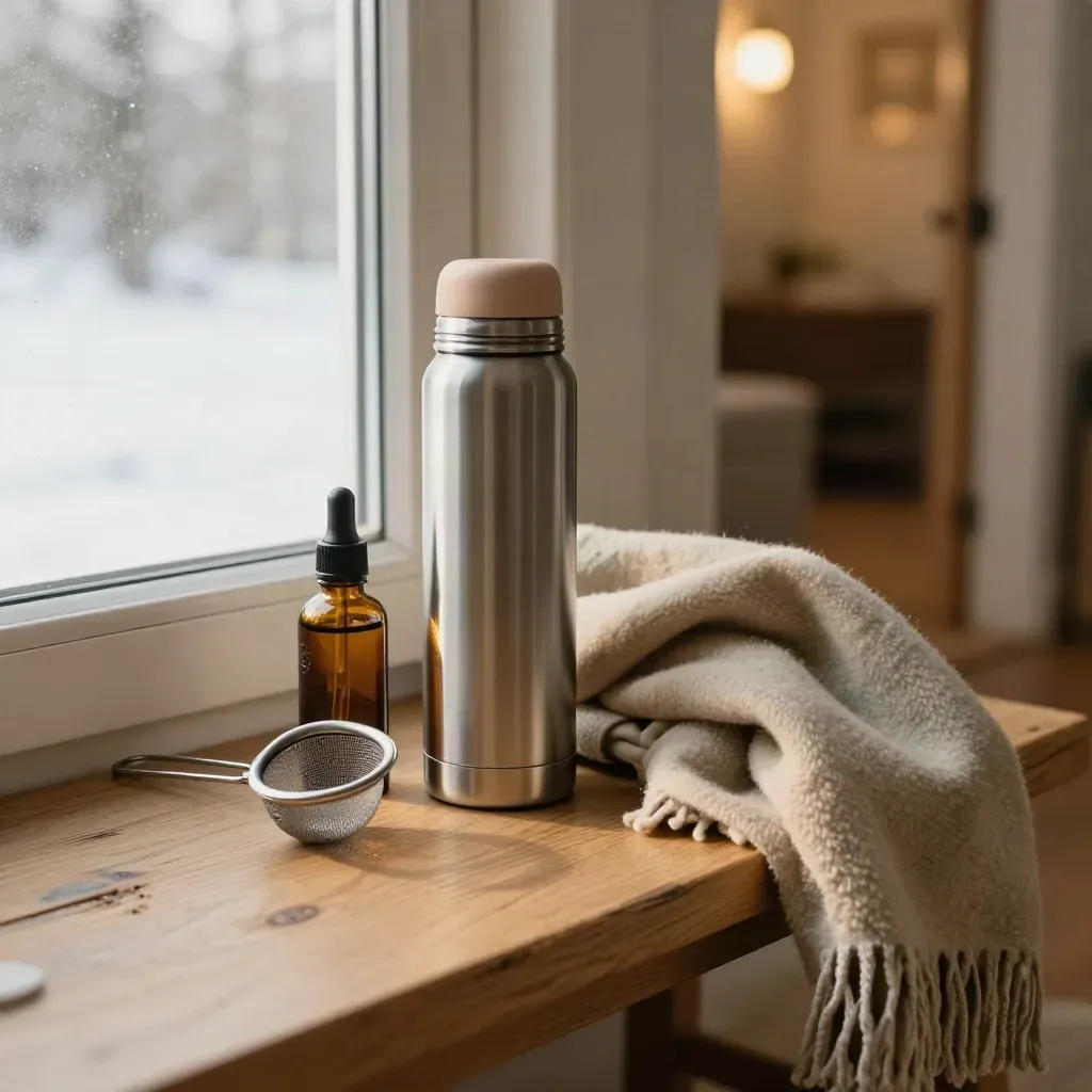 Thermos, tinctuurfles, theezeef en wollen sjaal klaar bij de voordeur op een lichte bank.