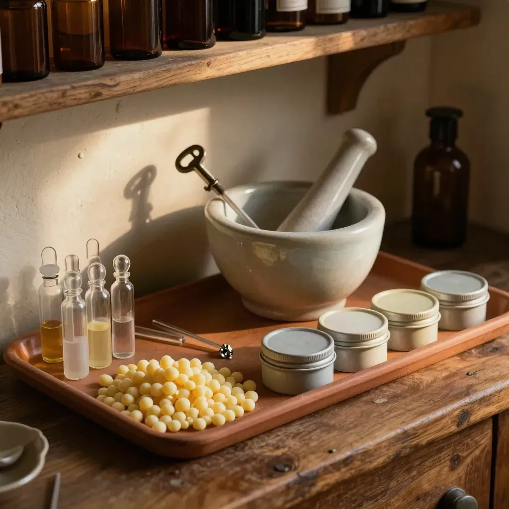 Bijenwaspellets, pipetten, mortier en zalfblikken in een kruidenwerkhoek met terracotta accenten.