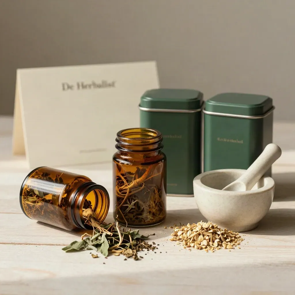 Herbal consultbundel met potjes, theeblikken en vijzel op licht hout