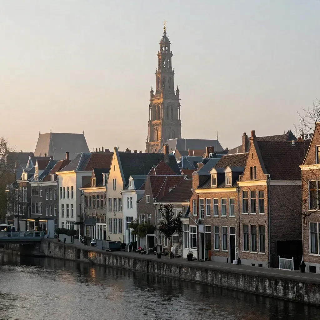 De Domtoren boven mistige Utrechtse grachten en een rustige waterstrook in avondlicht.
