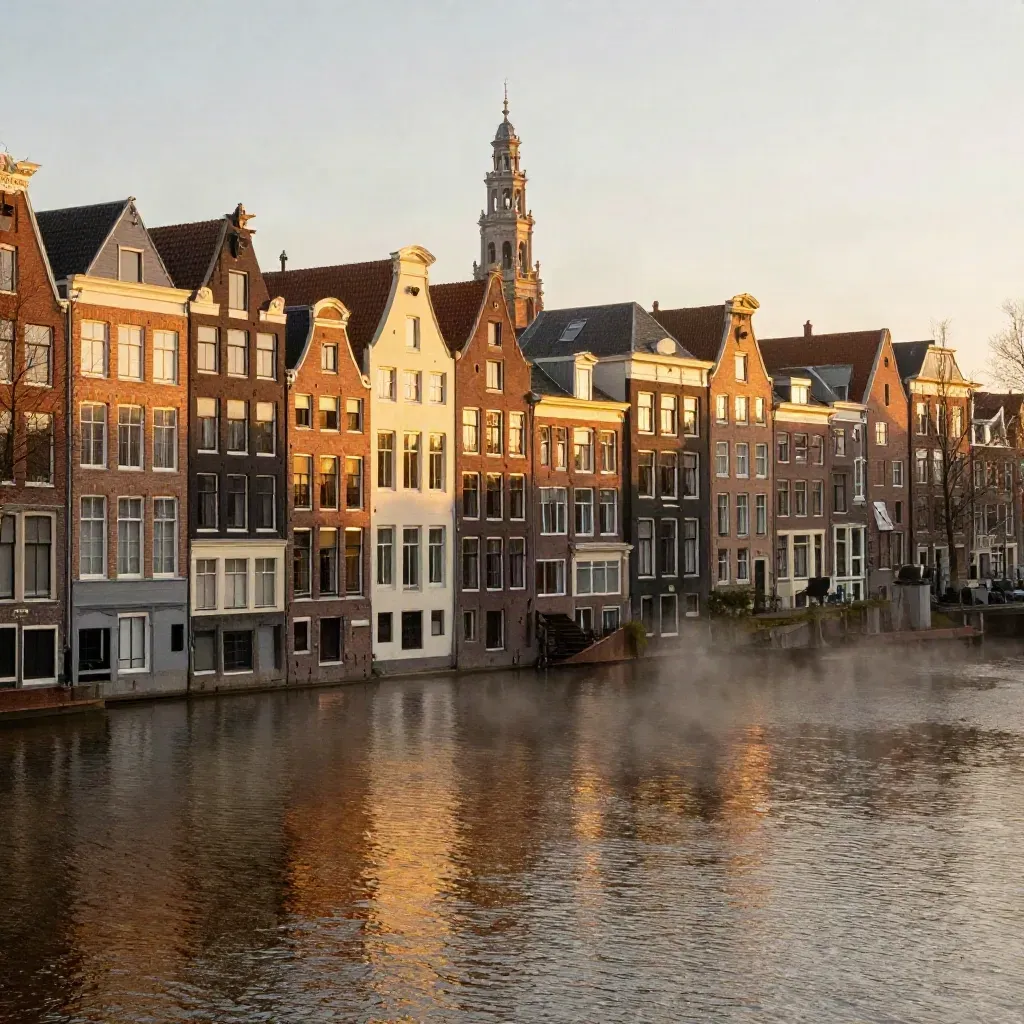 Amsterdamse grachtengordel in gouden uur met kerktoren, spiegelend water en stille gevels.