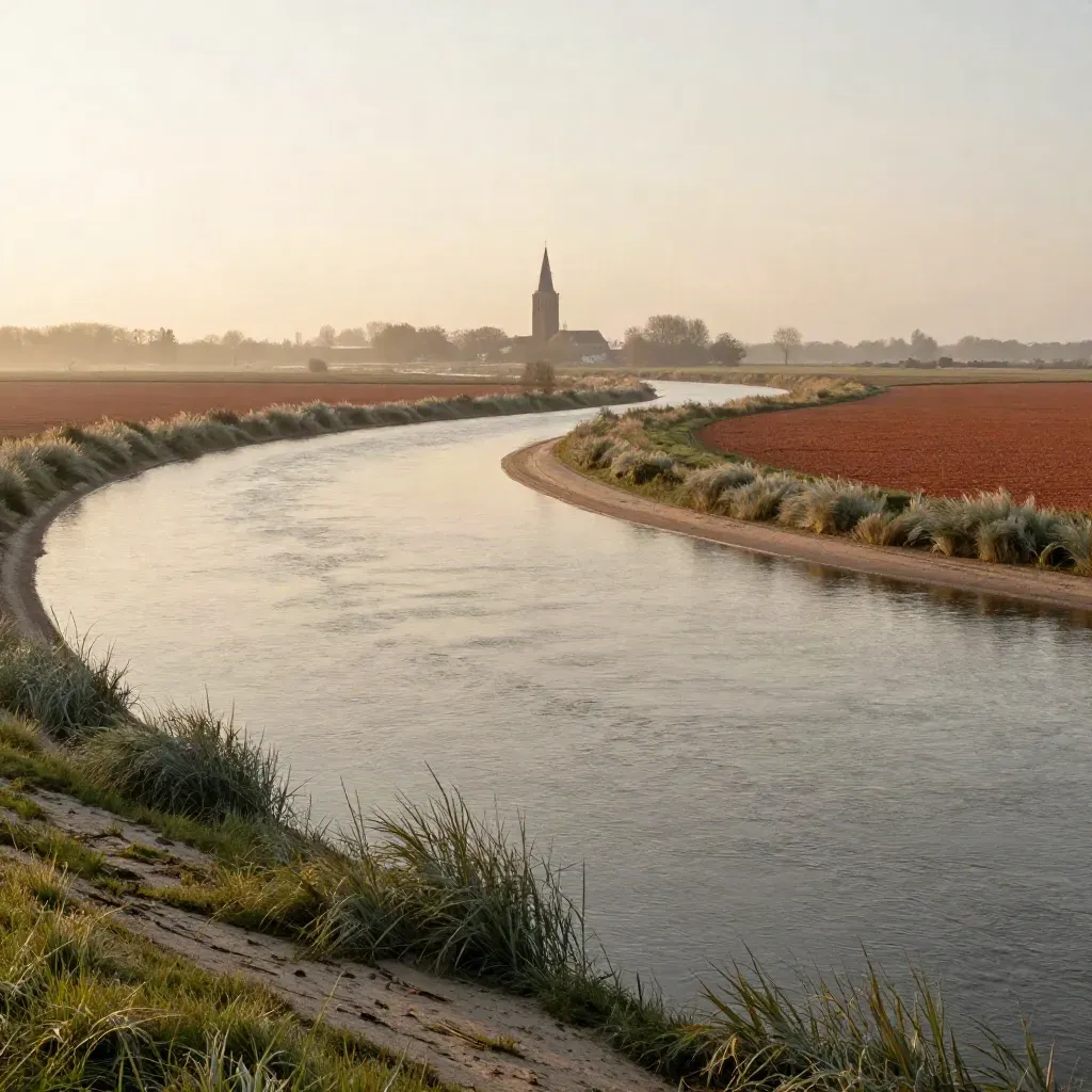 Waalbocht in Gelderland Zuid met verre kerktoren, mistig avondlicht en rustige uiterwaard.