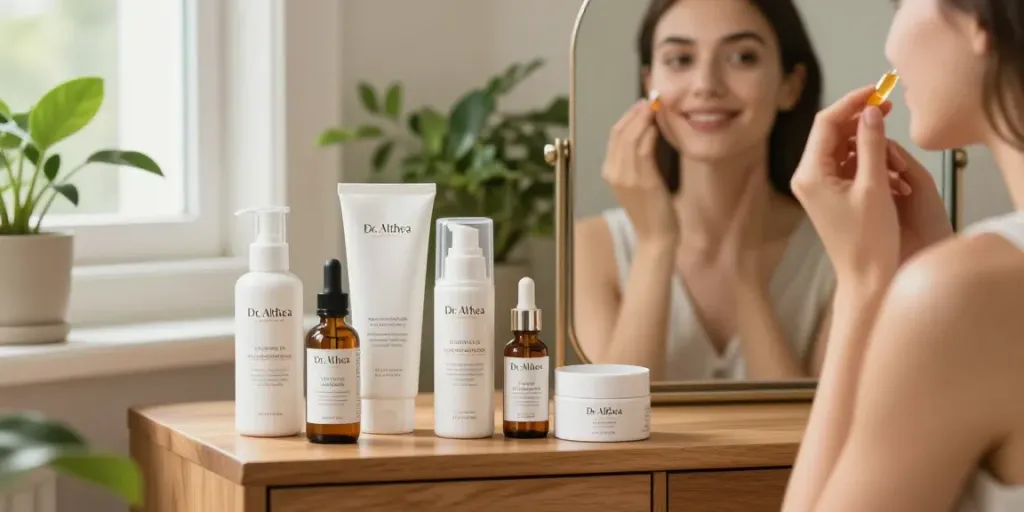 Dr. Althea producten en model die vitamine C-serum aanbrengt in een rustgevende omgeving.